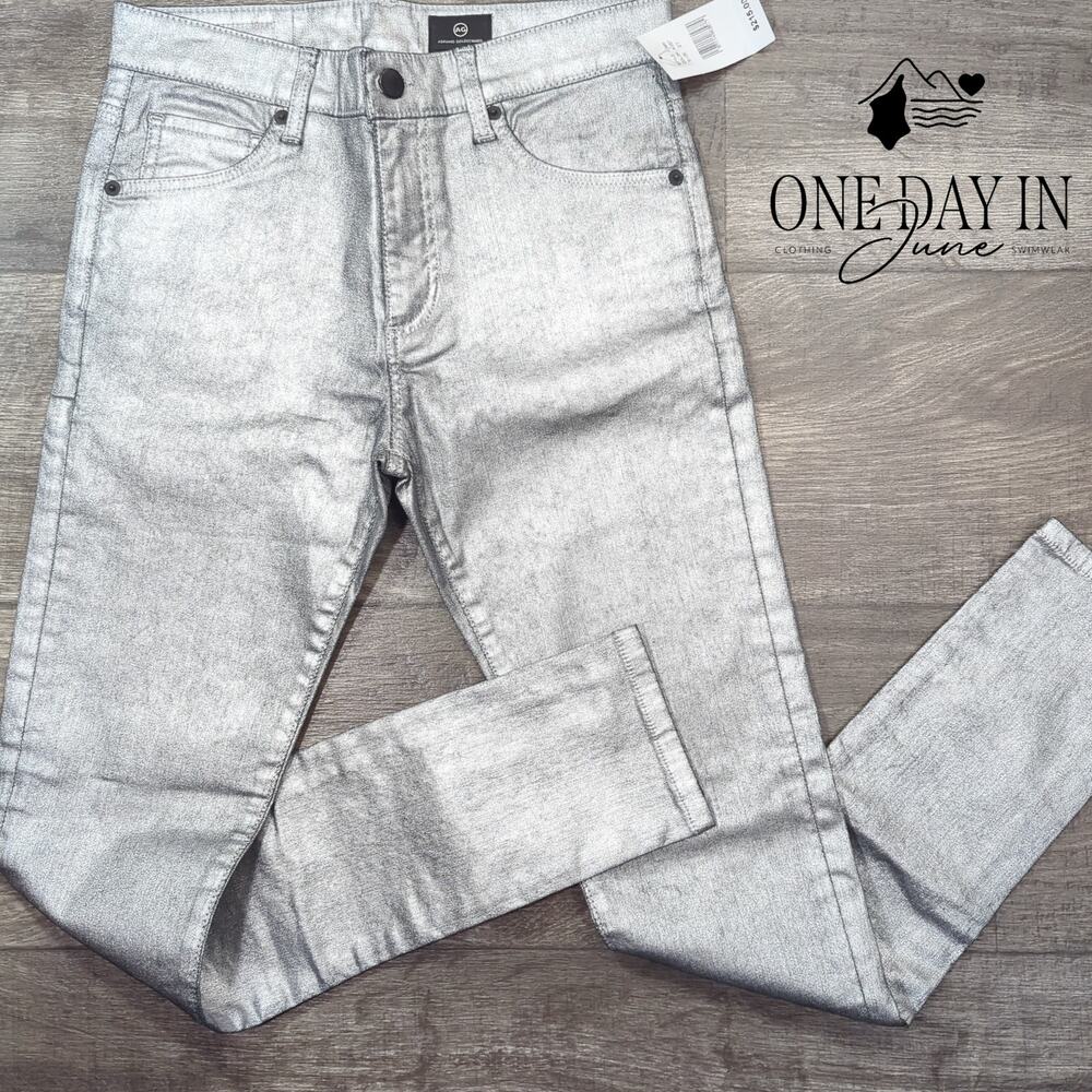 AG Adriano Goldschmied Metallic Silver Coated Straight Jeans NWT $215 Size 4